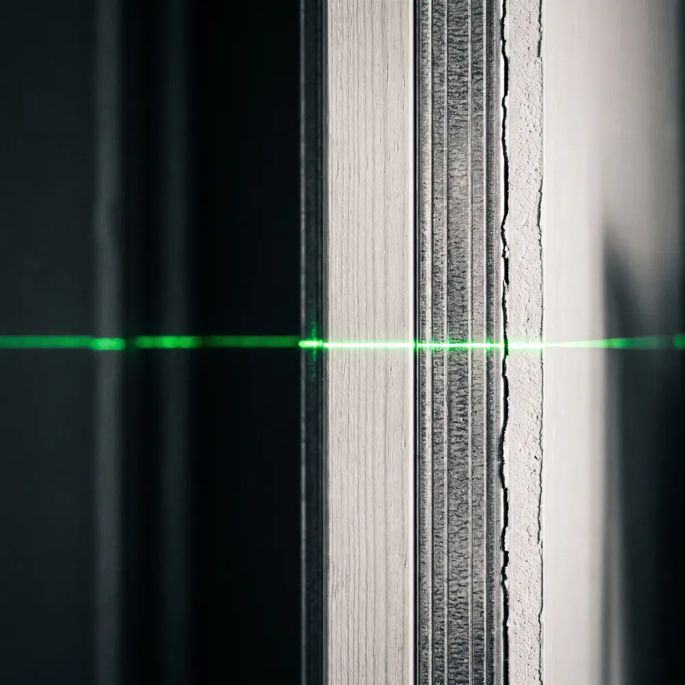 Metallprofile, Holz und Gipsplatte mit grüner Laserlinie